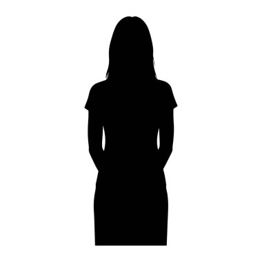 Elleri önünde sıkıca bağlı duran siyah bir kadın silueti. Şeklin omuz hizasında saçları var ve elbise giyiyor. Siluet beyaz bir arkaplanda izole edilmiş..