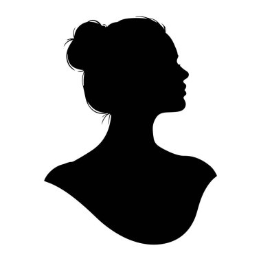 Beyaz bir arka planda bir kadının başı ve omuzlarının siyah bir silueti profilde gösteriliyor. Saçları başının arkasında zarif bir topuz şeklinde şekillendirilmiş. Yüzünde de birkaç tutam saç var. Silüet temiz ve minimalist, Highli.