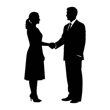 Takım elbiseli ve kravatlı bir adamın siyah bir silueti elbise ve topuklu bir kadınla tokalaşıyor. Beyaz bir arkaplanda karşı karşıya geliyorlar. Resim, profesyonel bir etkileşim ve anlaşma tasvir etmektedir..