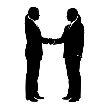 Takım elbiseli iki profesyonelin siyah silueti beyaz bir arkaplanda el sıkışıyor. Rakamlar birbirine bakıyor ve sağ elleri tokalaşıyor. İki birey de kravat takıyor gibi görünüyor. Görüntü basit, grafik yeniden