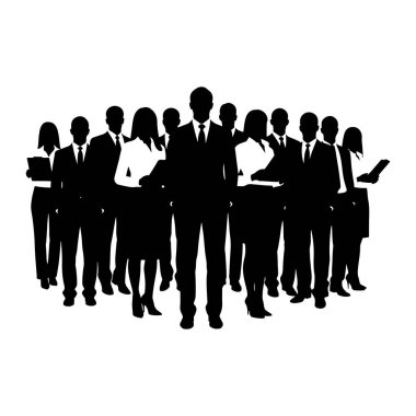 İş adamlarından oluşan bir grup siyah siluet, hem erkek hem de kadın, takım elbise ve kravatlar da dahil olmak üzere resmi giysiler içinde birlikte duruyorlar. Bazı bireylerin elinde belgeler ya da tabletler var. Rakamlar düz beyaz bir arkaplan üzerinde tasvir edilir, yaratıcılık