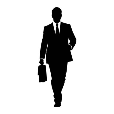 Takım elbiseli ve kravatlı bir adamın siyah silueti sol elinde bir evrak çantasıyla ileri doğru yürüyor. Arkaplan düz beyaz.