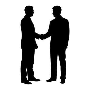 Takım elbiseli iki adamın siyah silueti beyaz bir arkaplanda el sıkışıyor. Adamlar karşı karşıya, sağ elleri bağlı bir şekilde. Vücutları tepeden tırnağa görülebiliyor. Biri solda, diğeri sağda..