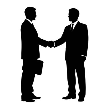 Resmi takım elbiseli iki siyah iş adamı silueti beyaz bir arkaplanda el sıkışıyor. Bir işadamı evrak çantası tutuyor. Profilleri görünüyor, birbirlerine bakıyorlar..
