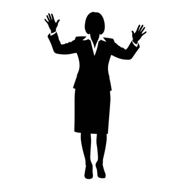 Bir iş kadınının siyah silueti kollarını kaldırmış ve ellerini açmış, selamlıyor ya da hoş karşılıyormuş gibi duruyor. O, etekli ve yakalı bluzlu resmi bir takım elbise giyiyor. Şekil beyaz bir arkaplanda izole edilmiştir..