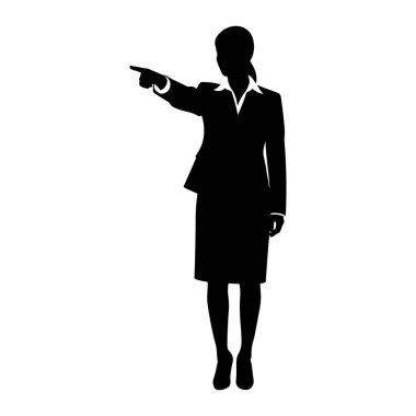 Bir iş kadınının siyah silueti, işaret parmağını sola çevirerek öne doğru bakıyor. O, etekli ve yakalı gömlekli resmi bir takım elbise giyiyor. Resim beyaz bir arkaplanda izole edilmiştir.