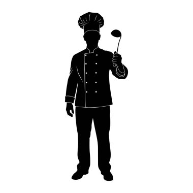 Uzun bir toka giyen bir şefin siyah silueti ve şef ceketi beyaz arka planda duruyor. Şef sağ elinde bir kepçe tutuyor, kepçenin kasesi yukarı bakıyor. Şefin üniformasında iki göğüslü detaylar var.