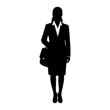 Beyaz arka planda duran siyah bir kadın silueti. O, yakasında görünen yakalı bir bluz ile bir ceket ve etekten oluşan resmi bir iş elbisesi giyiyor. Sol omzunun üstünden bir omuz çantası ya da çanta sarkıyor. O