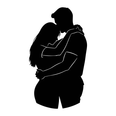 Sarılan bir çiftin siyah silueti. Adam kollarını kadına dolamış ve kadın başını omzuna yaslamış. Vücutları birbirine yakın, yakınlık ve şefkat duyuyorlar. Arka plan bembeyaz..