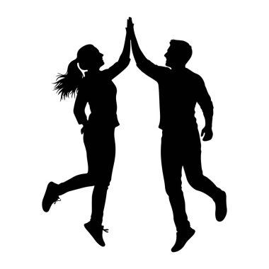 Bir erkek ve bir kadının siyah silueti havada yakalanır ve beşlik çakar. Soldaki kadının saçları geriye doğru akmış. Bu da hareket olduğunu gösteriyor. Her ikisi de gündelik kıyafetler giymişler ve heyecandan havaya uçuyorlar.