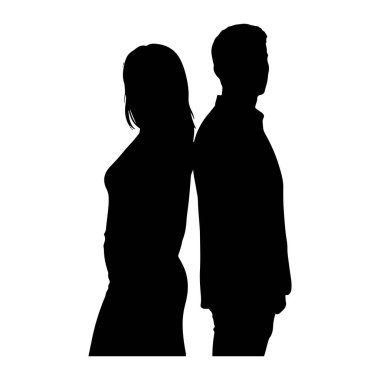 Bir erkek ve bir kadının siyah silueti sırt sırta, yüz yüze dururlar. Kadın solda, saçları görünür durumda, ve erkek de sağda. Dış hatları düz beyaz bir arkaplana karşı keskindir. Görüntü aktarımı