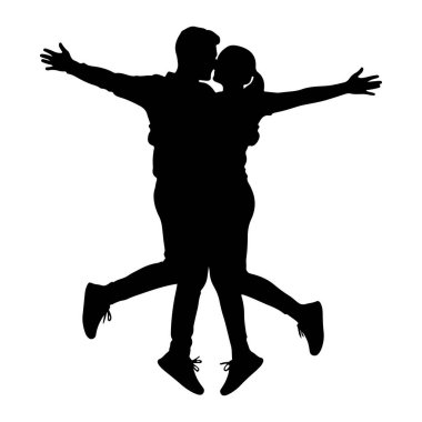 Siyah bir siluet, kucaklaşan ve kollarını beyaz bir arka plana uzatarak zıplayan bir çift. Adam kadını alnından öpüyor. Her ikisi de gündelik kıyafetler ve ayakkabılar giyiyorlar. Görüntü bir neşe, özgürlük hissi veriyor.