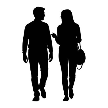 Siyah bir siluet, yürüyen ve konuşan bir adam ve bir kadın. Soldaki adam uzun kollu bir gömlek ve pantolon giyiyor. Kadın sağda, pantolon giyiyor ve omuz çantası taşıyor. Birbirlerine bakıyorlar ve konversa 'da gibi görünüyorlar.