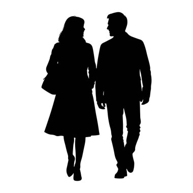 Yan yana yürüyen ve birbirine bakan bir çiftin siyah silueti. Kadın solda, palto giyiyor ve bir çanta taşıyor. Sağdaki adam takım elbise ceketi ve pantolon giyiyor. Her ikisi de kendi ücretleriyle tasvir ediliyor.