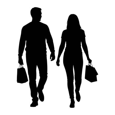 Yanyana yürüyen bir adam ve bir kadının siyah silueti. Soldaki adam süveter ve pantolon giyiyor ve sol elinde bir alışveriş çantası taşıyor. Kadın sağda, tişört ve pantolon giyiyor ve bir alışveriş çantası taşıyor.