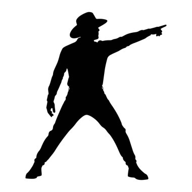 Kovboy şapkası takan bir adamın siyah silueti ve bacakları açık bir şekilde batı giyim standları. Sağ işaret parmağını öne ve hafifçe yukarı doğru gösteriyor. Bu da bir yön gösteriyor. Siluet beyaz bir arkaplanda izole edilmiş..