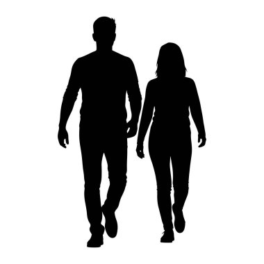 Beyaz bir arka plana karşı yan yana yürüyen bir erkek ve bir kadının siyah silueti. Soldaki adam uzun kollu bir gömlek ve pantolon giyiyor. Sağdaki kadın da uzun kollu gömlek ve pantolon giyiyor. İki figür de resmedilmiş.