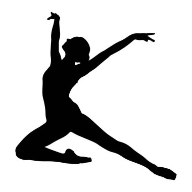 Beyaz bir arka plana karşı dinamik bir pozda siyah bir dansçı silueti. Vücudu havada bükülmüş, bir bacağı öne doğru uzanmış ve diğeri de arkasına eğilmiş. Kolları havada ve uzanıyor, parmakları havada. Poz birliği.