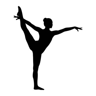 Beyaz bir arka plana karşı arabesk pozu veren siyah bir dansçı silueti. Dansçı bir bacağının üzerinde duruyor, diğer bacağı arkadan ve yukarı doğru uzanıyor. Bir kolu öne doğru uzanıyor, diğeri yana doğru uzanıyor. Dansçının saçı...