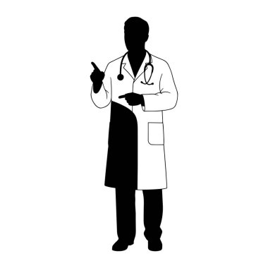 Siyah-beyaz bir illüstrasyon beyaz önlük ve steteskop giyen bir doktoru resmediyor. Doktorun silueti siyahken, paltonun ve steteskopun dış hatları beyazdır. Doktor her iki işaret parmağıyla ayakta ve işaret ediyor, biri yukarı doğru.