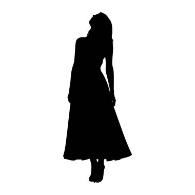 Siyah bir kadın silueti başı arkaya eğilmiş, uzun, dalgalı elbisesi etrafında pervane oluyor. Görüntü beyaz bir arkaplanda izole edilmiş, sade ve zarif bir karşıtlık oluşturuyor.
