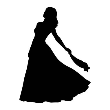 Uzun, dalgalı bir elbise giymiş siyah bir kadın silueti beyaz arka planda tasvir edilir. Saçları şekilli ve uzanmış elinde bir kumaş parçası tutuyor. Bu da hareket ve zarafeti gösteriyor. Görüntü zarif bir dans anını yakalıyor.