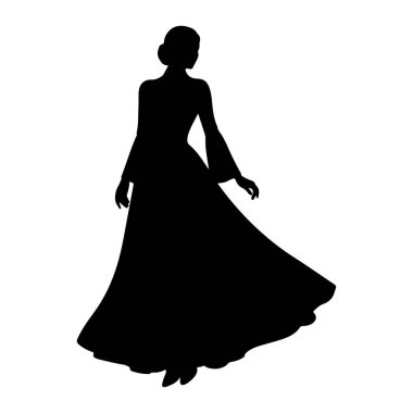 Siyah bir kadın silueti zarif bir şekilde uzun, dalgalı bir elbisenin içinde duruyor. Elbisede uzun, parlak kollar ve onu saran şehvetli bir etek yer alıyor. Saçları updo şeklinde ve duruşu zarafet ve duruşu gösteriyor. Görüntü...