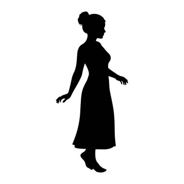 Beyaz bir arkaplan karşısında profilde duran siyah siluet bir kadın. Uzun, dalgalı bir elbise giyiyor ve saçı topuz şeklinde. Kolları hafifçe yana doğru uzanıyor ve bir ayağı kalkıyor..