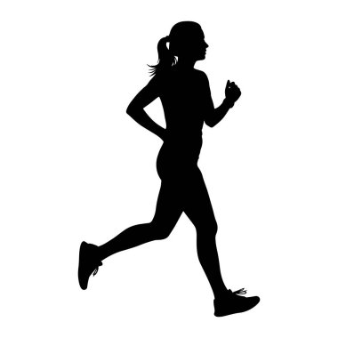 Profilde siyah siluet bir kadın, koşarken orta basamakta yakalandı. Saçları at kuyruğu şeklinde geri çekiliyor, ve kolları dirseklerinden bükülmüş, bu da ileri momentumu gösteriyor. O, atletik ayakkabılar giyiyor. Arka plan bembeyaz, vurgulu.