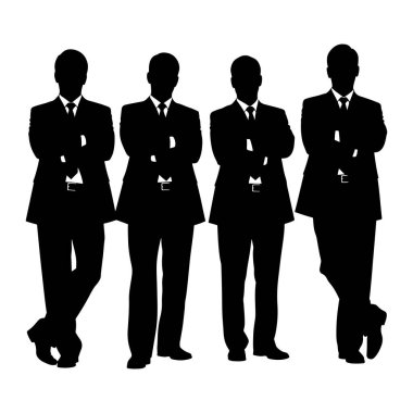 Kollarını kavuşturmuş, yan yana duran dört adamın siyah silueti. Hepsi takım elbise ve kravat takıyor, başları ve üst gövdeleri görünür durumda. Arkaplan bembeyaz, katıksız bir kontrast oluşturuyor. Rakamlar temiz bir şekilde tasvir ediliyor.