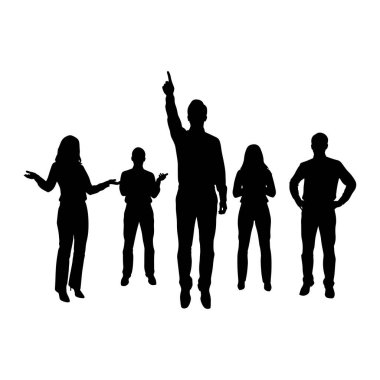 Beyaz arka planda duran beş kişilik siyah bir siluet. Ortadaki bir kişi sağ eliyle yukarıyı gösteriyor. Solunda, başka bir kişinin kolları açık ve avuçlar yukarı bakıyor. Santralin sağında.