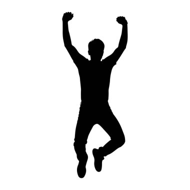 Siyah bir insan silueti havada yakalanır, kolları başının üzerinde yükseğe zıplayarak. Bu figür, tişört ve pantolon da dahil olmak üzere günlük giysiler giyiyor ve yoğun bir sevinç veya kutlama anı yaşıyor gibi görünüyor. Geri kafalı.