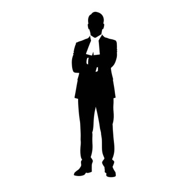 Resmi giyinmiş siyah bir adam silueti kollarını beyaz bir arka plana kavuşturmuş duruyor. Takım elbise, pantolon, gömlek ve beyaz yaka ya da jabot giyiyor. Siluet tüm vücudu gösteriyor. Başını, gövdesini, bacaklarını ve... 