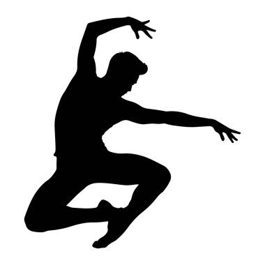 Bir erkek dansçının siyah silueti, dinamik ve beyaz bir arka plana karşı havada poz verirken görüntülenir. Vücudu bir kolu yukarı ve dışarı uzanırken diğer kolu öne doğru uzanıyor. Bacakları bükülmüş, bir ayağı sivri.