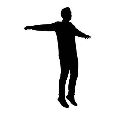 Beyaz arka planda siyah bir adam silueti tasvir edilir. Kolları yanlara doğru uzanıyor ve havada gibi görünüyor, muhtemelen zıplıyor ya da sıçrıyor. Gömlek ve pantolonu çağrıştıran giysiler giyiyor ve ayakları görünür durumda.