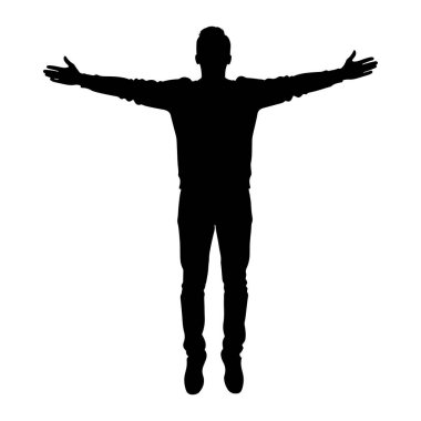 Siyah bir siluet, kolları tamamen yana doğru uzanmış, düz beyaz bir arkaplan üzerinde duran bir adam. Bir süveter ve pantolon da dahil olmak üzere günlük giysiler giyiyor ve ayakları birbirine kenetlenmiş. Siluet keskin ve berrak.