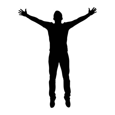 Siyah bir adam silueti kollarını yana doğru uzatmış, avuçlar öne bakıyor. Vücudu izleyiciye bakıyor ve bacakları hafifçe ayrık. Siluet beyaz bir arkaplanda izole edilmiş..