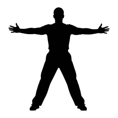 Siyah bir adam silueti kollarını tamamen yana doğru açmış duruyor. O, bacakları açık bir tişört ve pantolon giyiyor. Arka plan bembeyaz..