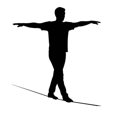 Siyah bir siluet, denge için kollarını açmış ip üzerinde yürüyen bir adam. Adam bir tişört ve pantolon giyiyor ve ayakları ince ipin üzerinde duruyor. Arkaplan düz beyaz, figürü ve güvenilmez olanı vurguluyor. 