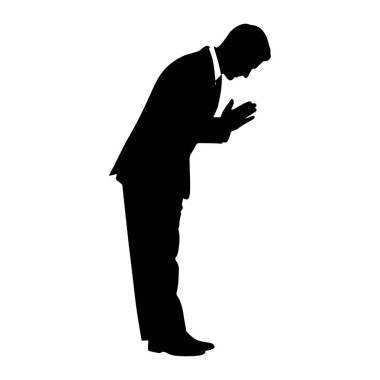 Takım elbiseli ve kravatlı bir adamın siyah silueti derin bir şekilde eğilirken gösterilir. Onun elleri önünde birbirine kenetlenmiştir ve başı eğiktir. Şekil, düz beyaz bir arkaplanda izole edilmiştir..