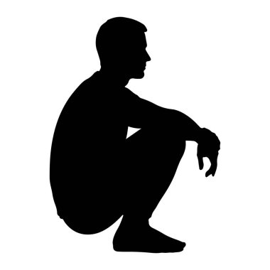 Profildeki siyah siluet çömelmiş bir adam tasvir ediliyor. Vücudu öne eğilmiş, dizleri bükülmüş ve ayakları yere basıyor. Kolları dizlerinin üzerinde dinleniyor ve başı hafifçe sağa dönüyor. Arka plan çok...
