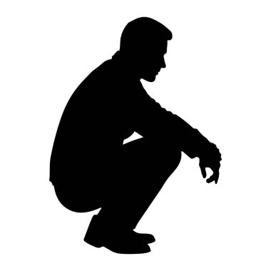 Bir adamın siyah silueti beyaz bir arka plana karşı çömelmiş bir şekilde tasvir edilir. Şekil profilden gösteriliyor, başı eğik ve elleri dizlerinin yanında dinleniyor. Siluet açıkça kafasının, gövdesinin, kollarının, bacaklarının ve