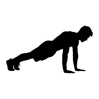 Siyah bir siluet, şınav çeken bir adam. Vücudu, elleri ve ayaklarıyla desteklenen tahta bir pozisyonda. O şort ve spor ayakkabıları giyiyor. Arkaplan düz beyaz.