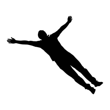 Bir adamın siyah silueti beyaz bir arkaplanda çapraz düşerken tasvir edilir. Kolları tamamen yana doğru açılır ve bacakları açılır. Şekil havada gibi görünüyor, hareket hissi veriyor ve belki de teslim oluyor ya da...