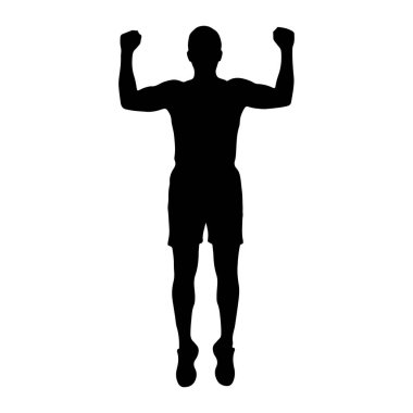 Siyah silueti olan bir adam kollarını kaldırmış ve yumruklarını sıkmış, kaslarını gösteriyor. Şort giyiyor ve kutlama ya da güçlü bir poz veriyor gibi görünüyor. Arkaplan düz beyaz.