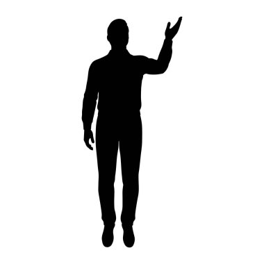Siyah bir siluet beyaz bir arkaplanda duruyor. O uzun kollu bir gömlek ve pantolon giyiyor. Sağ kolu yukarı kaldırılmış, eli açık. Sol kolu yan tarafında asılıydı. Siluet tüm vücut ve izole edilmiş..