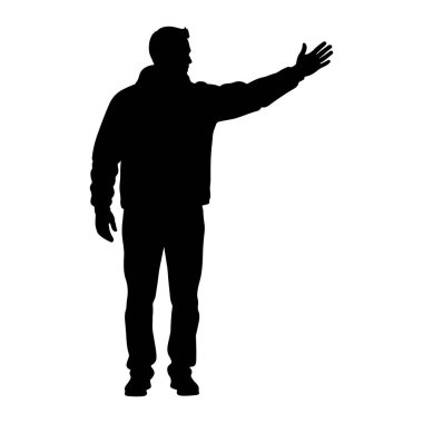 Siyah bir siluet bir adam yüzünü sola dönük duruyor, sağ kolu dışa doğru açılmış ve eli açık, avuç içi öne bakıyor. O bir ceket ve pantolon giyiyor, ayakları hafifçe ayrık. Arka plan bembeyaz..