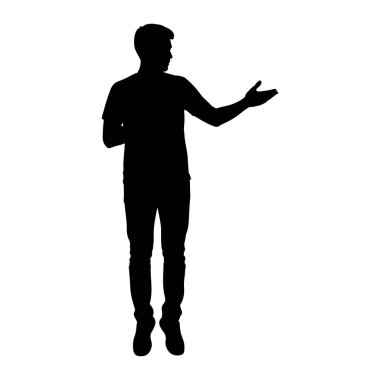 Beyaz arka planda duran bir adamın siyah silüeti. Profilde sola bakıyor ve sağ kolu açık bir şekilde dışarı doğru uzanıyor, sanki el hareketi yapıyor ya da bir şey gösteriyor gibi. Tişört ve kot pantolon giyiyor..