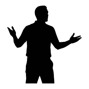 Siyah bir siluet beyaz bir arkaplanda duruyor. Sağ tarafa bakıyor ve iki elini de avuç içi açık bir şekilde kaldırıyor. Sanki bir jest ya da açıklamanın ortasındaymış gibi. Vücudu hafifçe dönük, ve bir yaka giyiyor gibi görünüyor. 