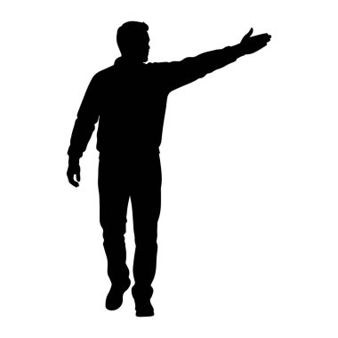 Bir adamın siyah silueti sağ kolu açık ve eli açık duruyor, sanki el hareketi yapıyor ya da işaret ediyor gibi. O, pantolon ve ceket de dahil olmak üzere günlük giysiler giyiyor. Sol kolu dirsekten bükülmüş ve vücuduna ve bacağına daha yakın tutulmuş.